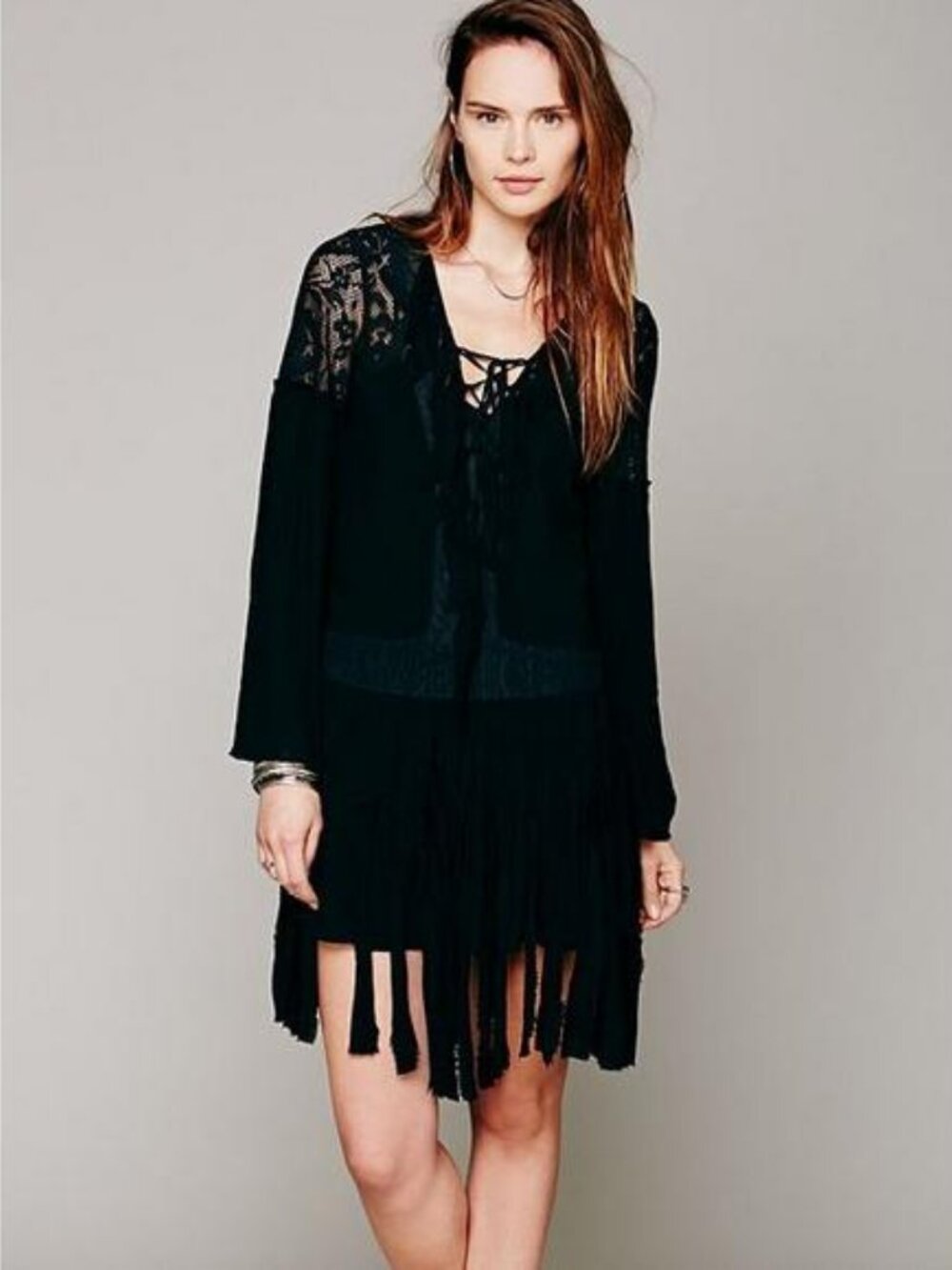 Free People Black Fringe Corset Lace Bell Sleeve Boho Shipwreck Cove Goth Dress